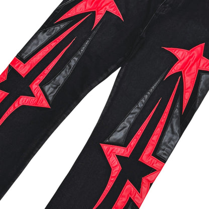 Vicious Inferno Star Flare Baggy Jeans – Black with Red Leather